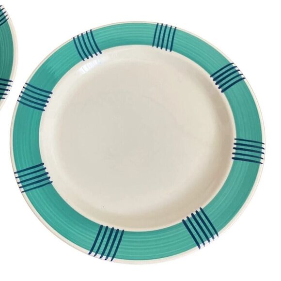 Pier 1 Dinner Plate Full Set X6 Green Band Blue Stripes Serveware Decor Dining - Picture 11 of 12